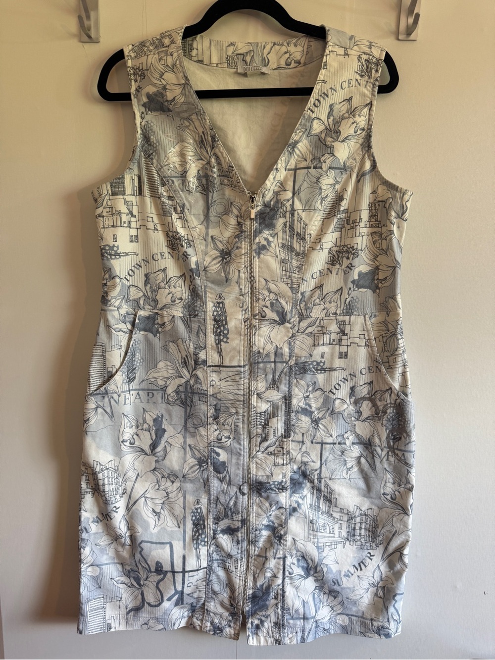 Dolcezza Art Print Zip Front Sheath Dress L Cityscape Floral Stretch Pockets